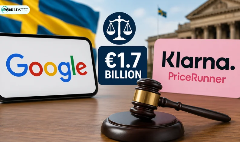 Google logo displayed on a smartphone alongside Klarna branding, representing the Swedish court's €1.7 billion ruling over search competition practices.